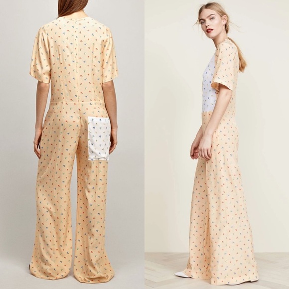 JOSEPH Silk Patchwork Colorblock Floral Print Short Sleeve Wide Leg Jumpsuit XS - Picture 2 of 9